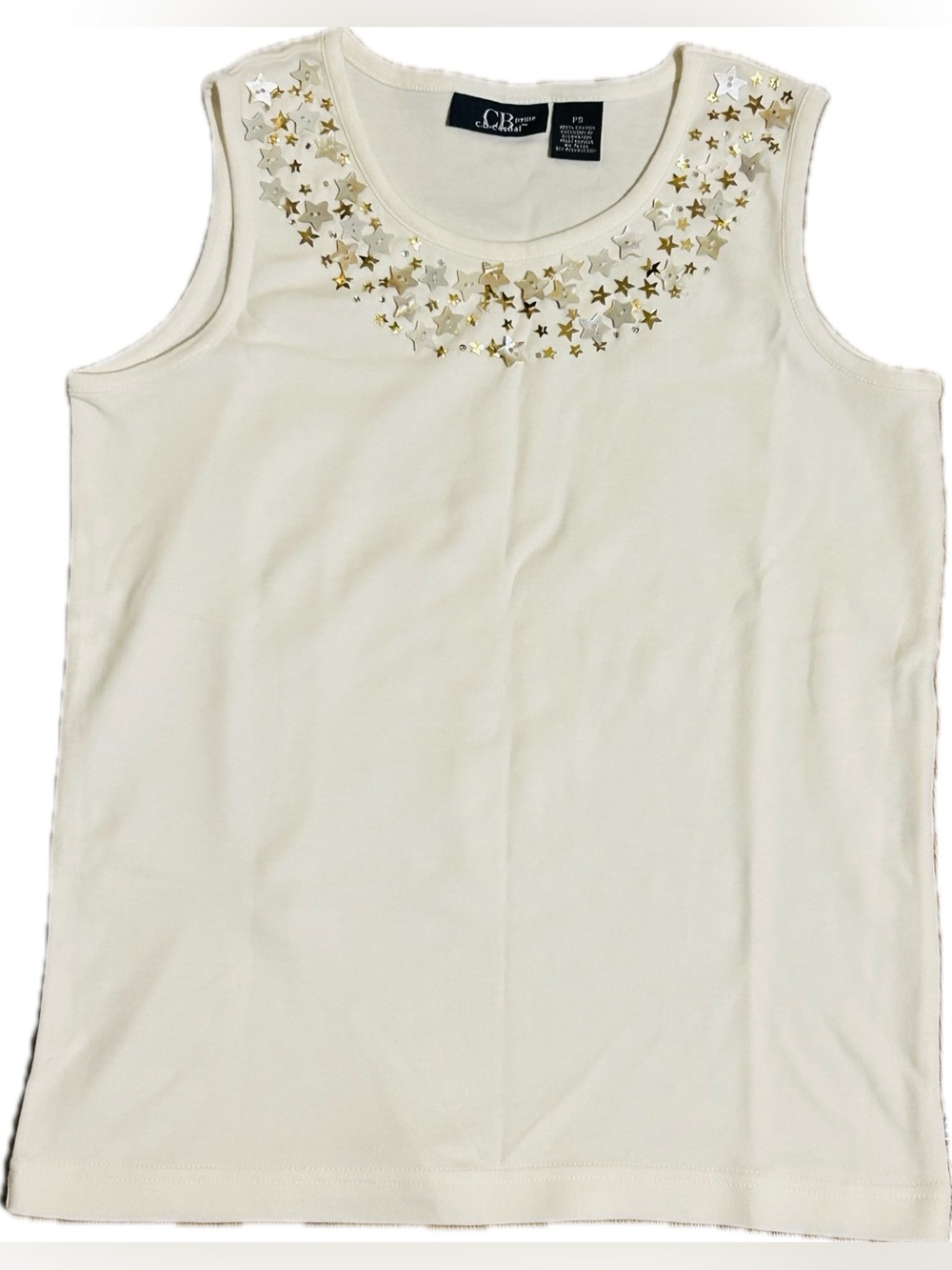 Vintage CB Casual White Tank With Star Sequins & Buttons - Petite Small